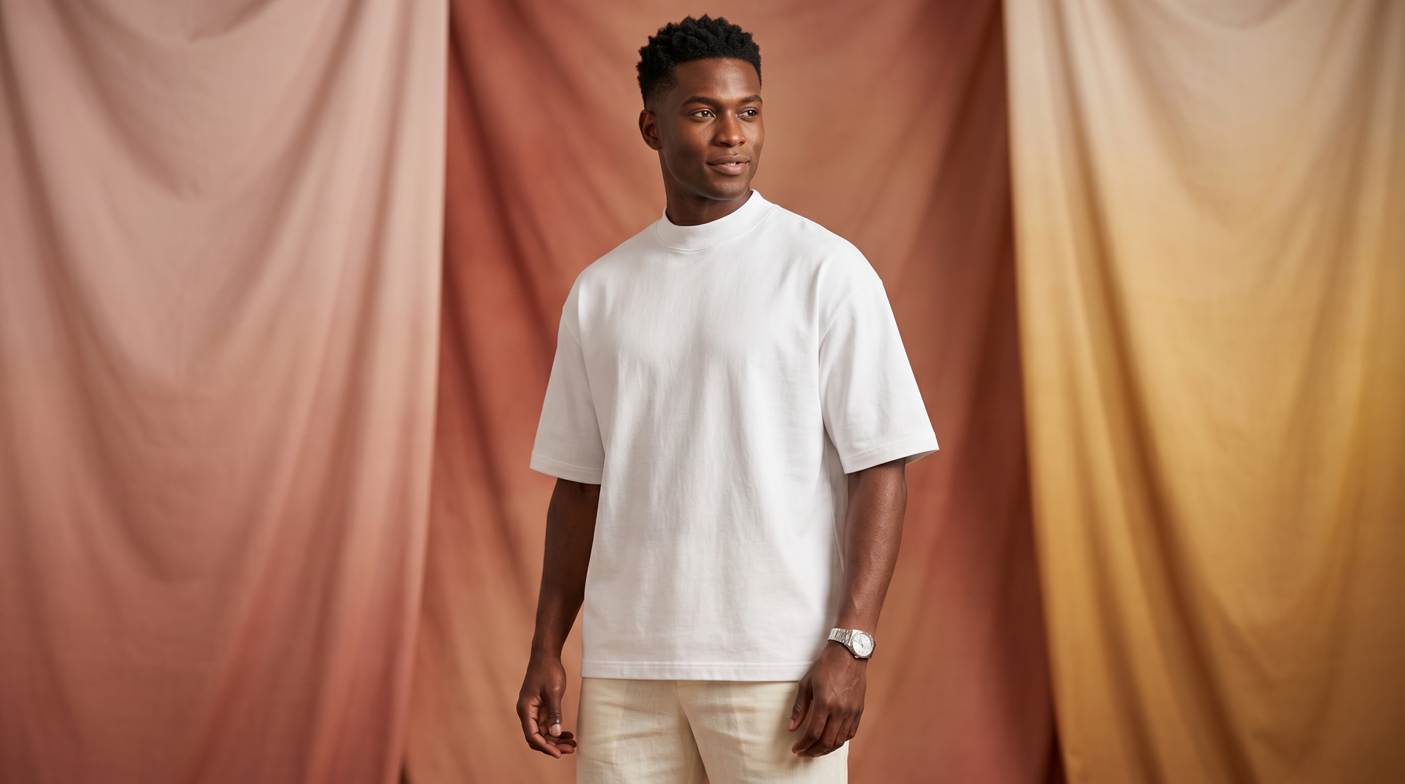 White tee, drape